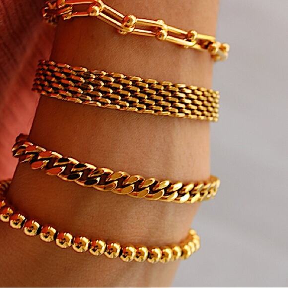 Gold Plated Bracelet Set, U Link, Mesh, Cuban, Beaded, Chain Link Bundle - Picture 5 of 5